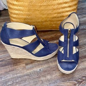 MK MICHAEL KORS BERKLEY T STRAP ESPADRILLE WEDGE HEELS NAVY BLUE ZIP 10M